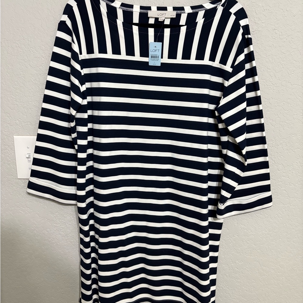 LOFT Navy and Cream Striped Dress